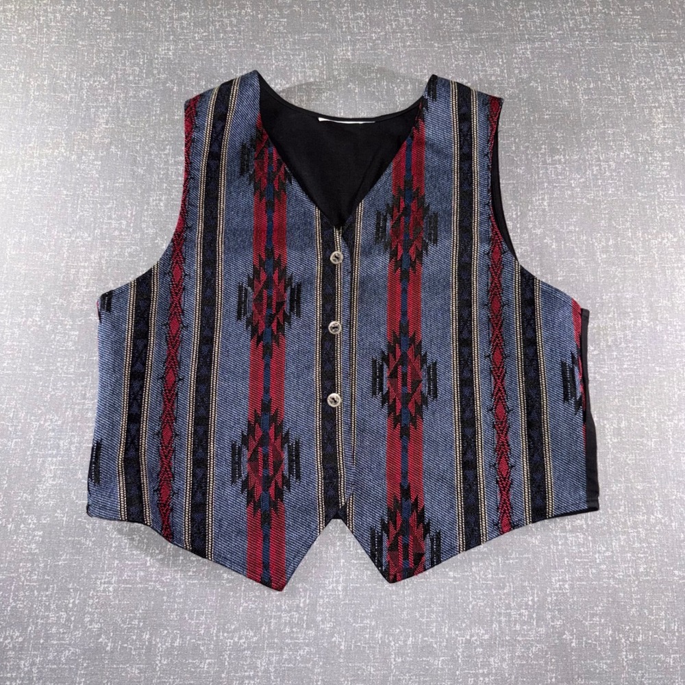 Vintage Southwestern Tapestry Vest Blue Red Geometric Button Front Waistcoat - Picture 2 of 9